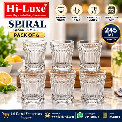 Hi-Luxe Spiral Vintage Glass Tumbler Set of 6 | 245 ml Fluted Drinking Glasses