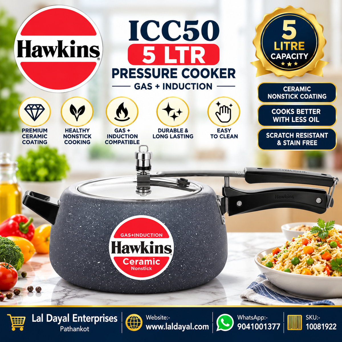 Hawkins Ceramic Nonstick Pressure Cooker 5 Litre (ICC50) | Gas & Induction Compatible