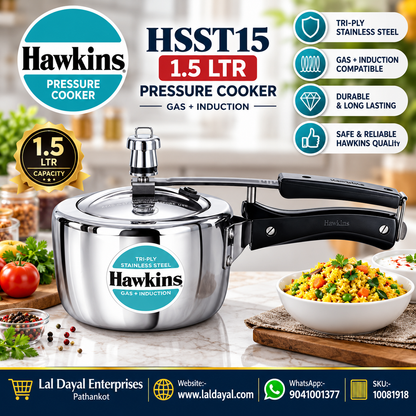 Hawkins Tri-Ply Stainless Steel Pressure Cooker 1.5 Litre (HSST15) | Gas & Induction Compatible