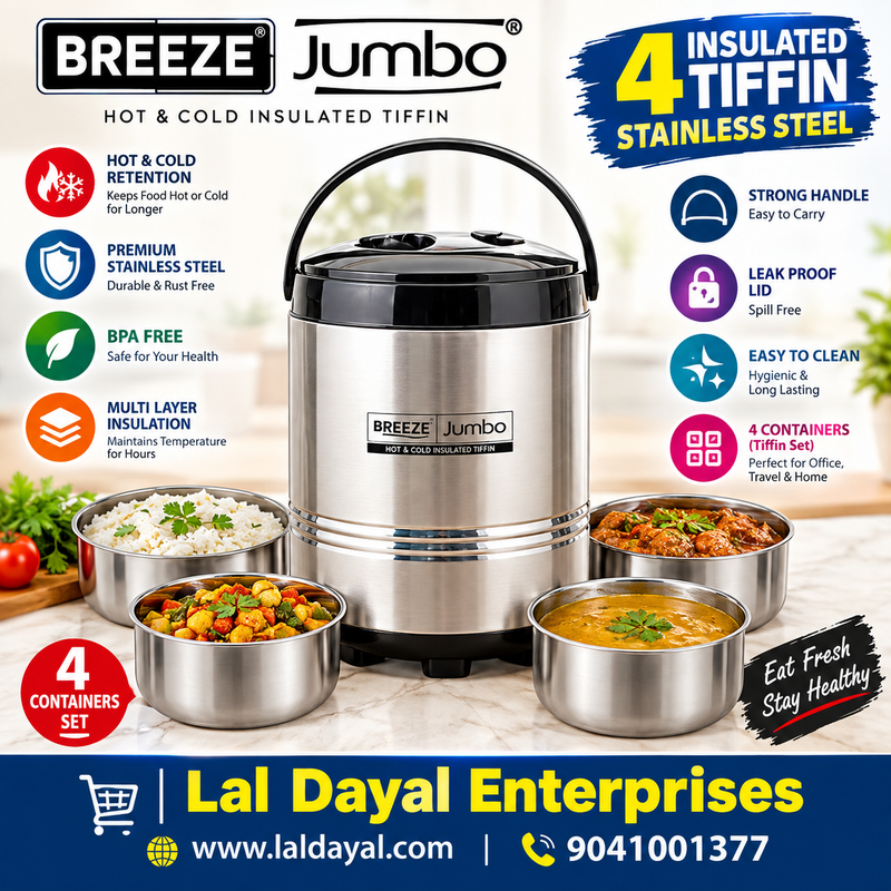 Breeze Jumbo Insulated Stainless Steel Tiffin Set - 4 Containers (5000ml / 5L Capacity)