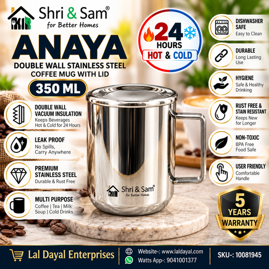 Shri & Sam Anaya Double Wall Stainless Steel Coffee Mug with Lid (350 ml)