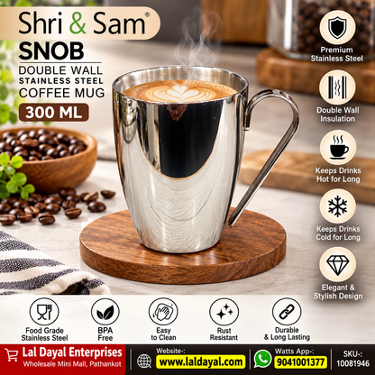 Shri & Sam Snob Double Wall Stainless Steel Coffee Mug with Handle, 300 ml