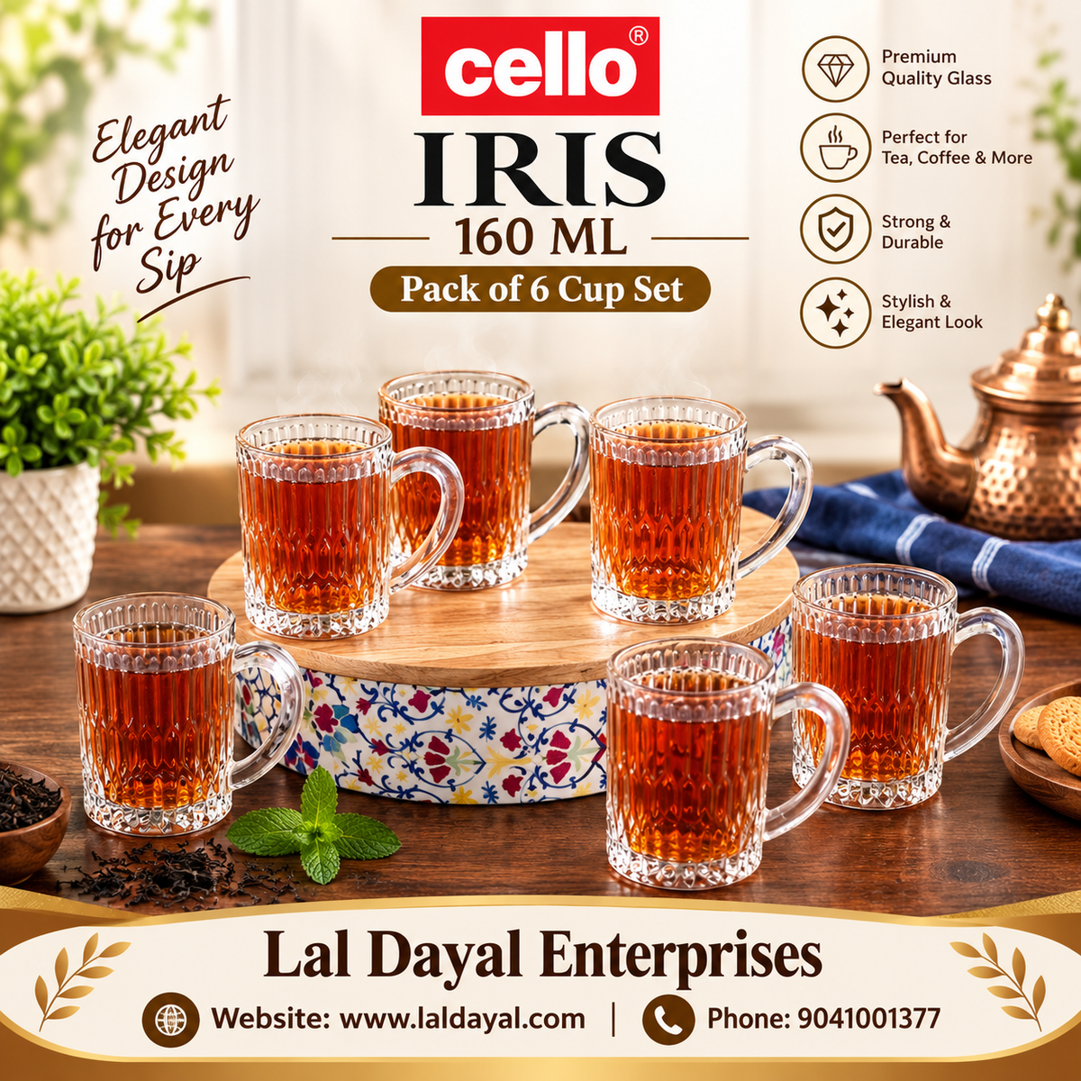 Cello IRIS Glass Tea & Coffee Mug Set (160 ML, Pack of 6)
