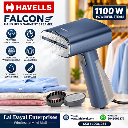 Havells Falcon 1100W Hand Held Garment Steamer | 30 Sec Heat Up | 100ML Tank | Portable Clothes Steamer