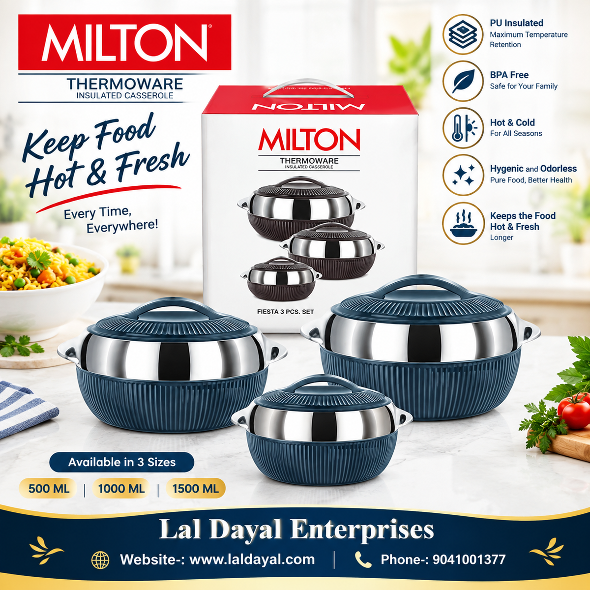 Milton Fiesta Thermoware PU Insulated Casserole Set of 3 (500ml, 1000ml, 1500ml)