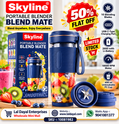 Skyline Blend Mate Portable Blender 400ml | 10-Blade USB-C Rechargeable Smoothie Maker