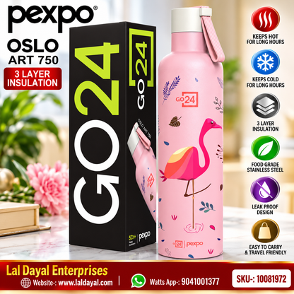 Pexpo Oslo Art 750 ml Vacuum Insulated Stainless Steel Bottle – Pink Flamingo