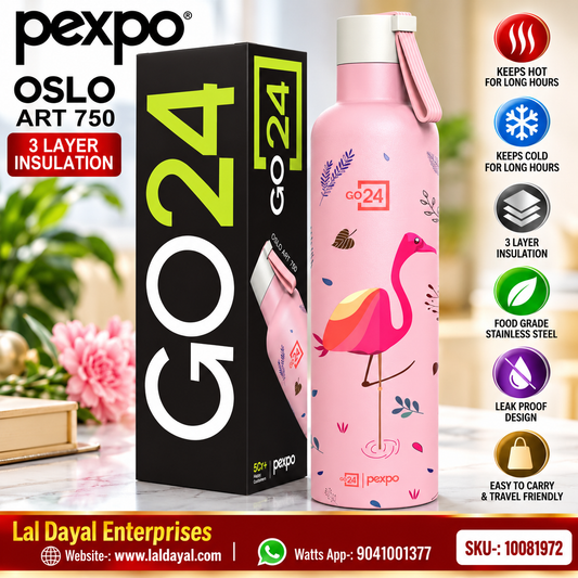 Pexpo Oslo Art 750 ml Vacuum Insulated Stainless Steel Bottle – Pink Flamingo