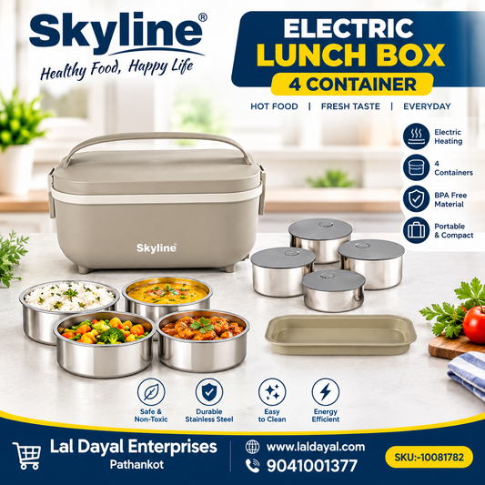Skyline Electric Portable Lunch Box with 4 Stainless Steel Containers – Self-Heating Tiffin for Office & Travel