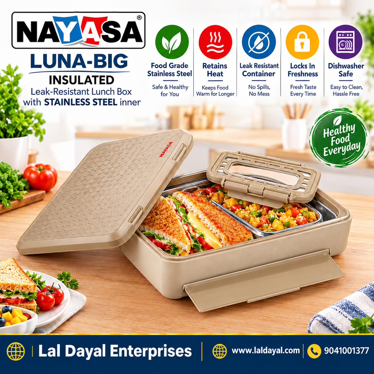 Nayasa Luna Big Insulated Steel Lunch Box with Small Dabbi
