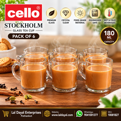 Cello Premium Glass Tea & Coffee Mugs 180 ml | Transparent Chai Cups | Pack of 6