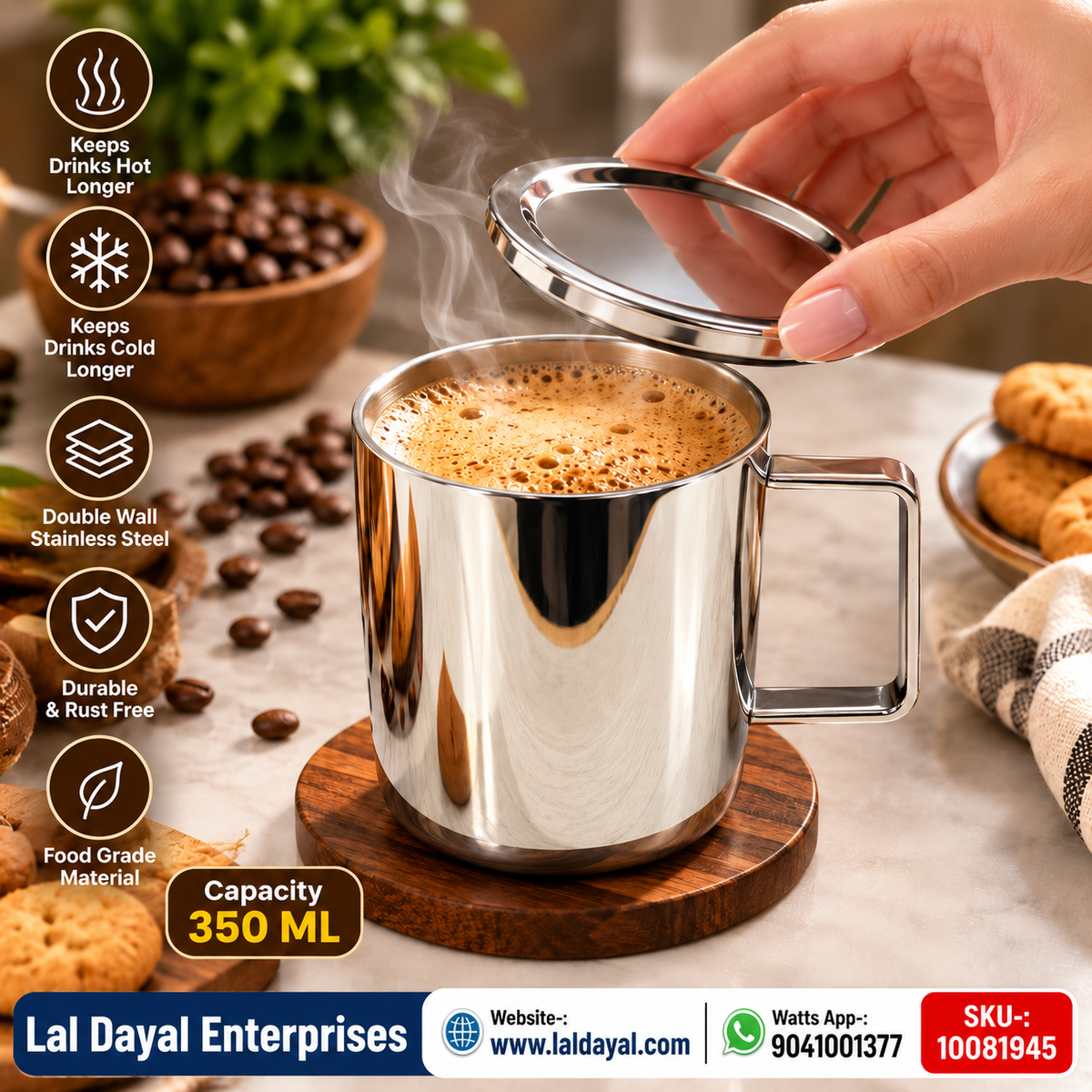 Shri & Sam Anaya Double Wall Stainless Steel Coffee Mug with Lid (350 ml)