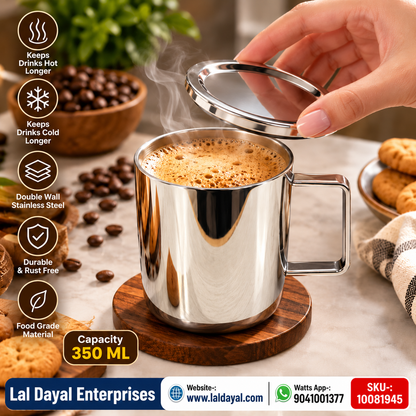 Shri & Sam Anaya Double Wall Stainless Steel Coffee Mug with Lid (350 ml)