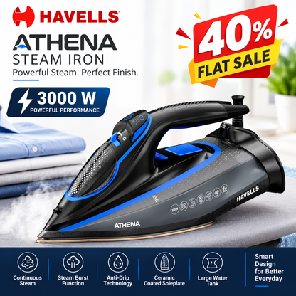 Havells Athena 3000W Steam Iron – Smart i Sense Technology | Anti-Drip | Ceramic Soleplate