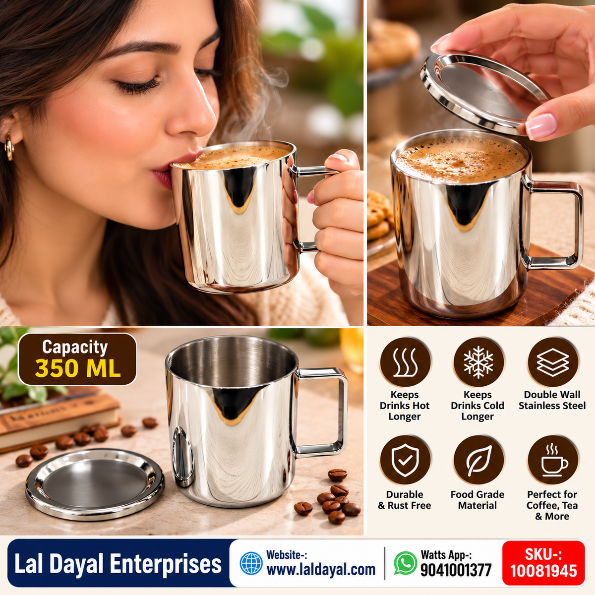 Shri & Sam Anaya Double Wall Stainless Steel Coffee Mug with Lid (350 ml)