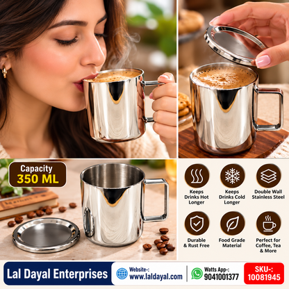 Shri & Sam Anaya Double Wall Stainless Steel Coffee Mug with Lid (350 ml)