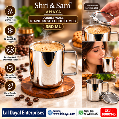 Shri & Sam Anaya Double Wall Stainless Steel Coffee Mug with Lid (350 ml)