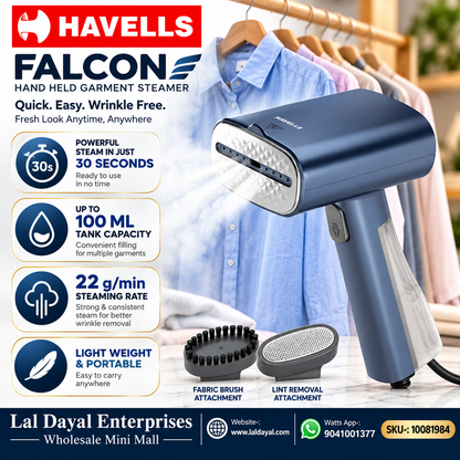 Havells Falcon 1100W Hand Held Garment Steamer | 30 Sec Heat Up | 100ML Tank | Portable Clothes Steamer