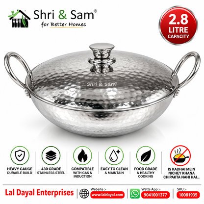 Shri & Sam 2.8L Stainless Steel Hammered Kadhai with Lid, 26 cm