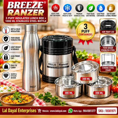 BREEZE Ranzer 3 Puff Insulated Lunch Box (3 × 300 ml) + 1 L Stainless Steel Bottle