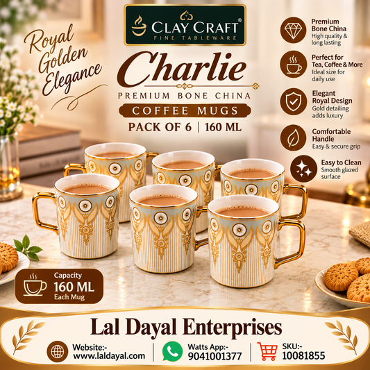 Clay Craft E-608 Charlie Premium Bone China Coffee Mugs – Royal Gold Detailed (Pack of 6)