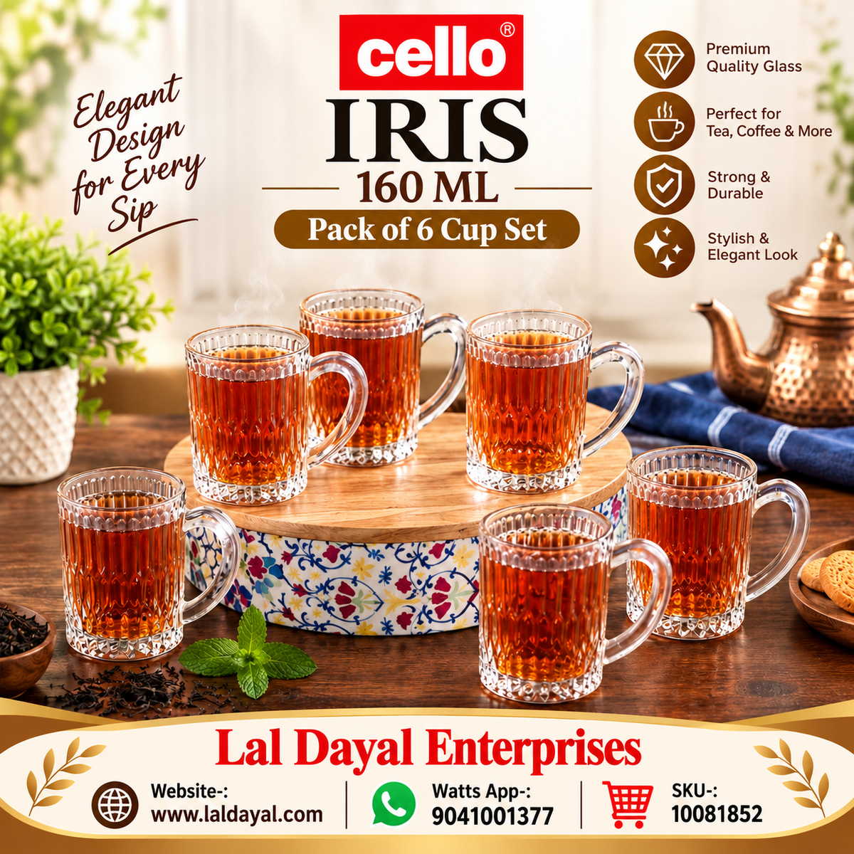 Cello IRIS Glass Tea & Coffee Mug Set (160 ML, Pack of 6)