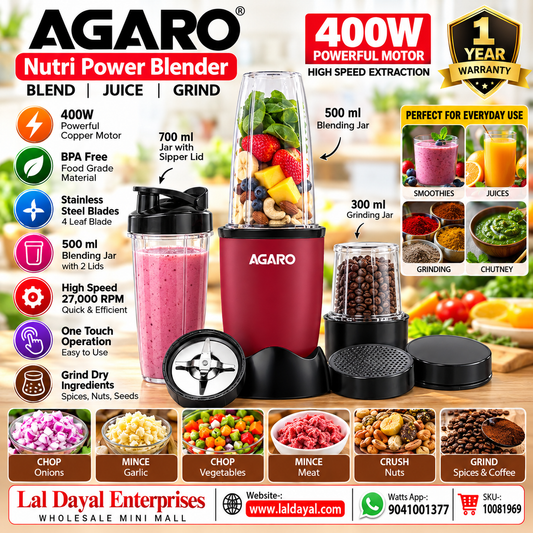 AGARO Regal Nutri Blender 400W with 3 Jars (Red & Black)