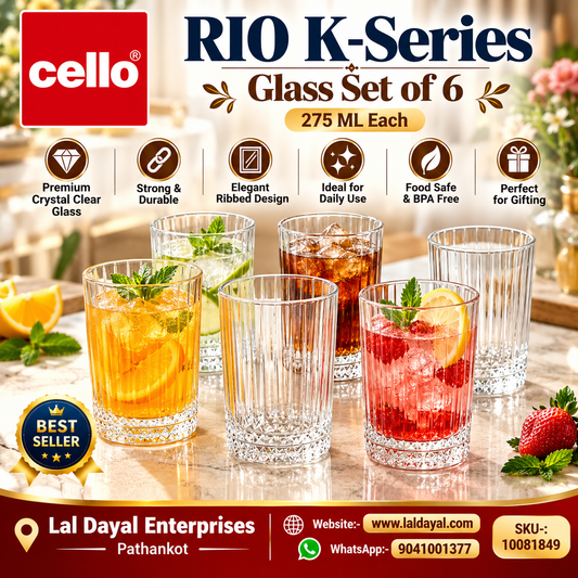 Cello RIO 275 ml Fluted Water & Juice Glasses with Textured Base, Set of 6