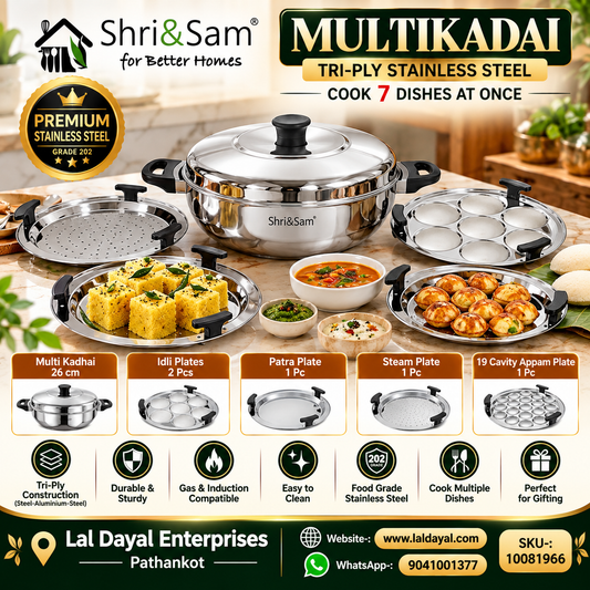 Shri & Sam 7-in-1 Stainless Steel Multikadhai, 26 cm Cooker & Steamer Set with 5 Plates