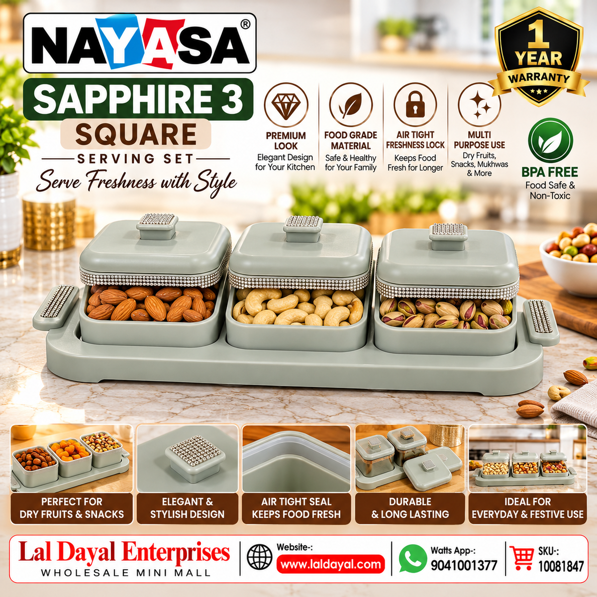 Nayasa Sapphire Square Serving Set with 3 Lidded Containers & Tray