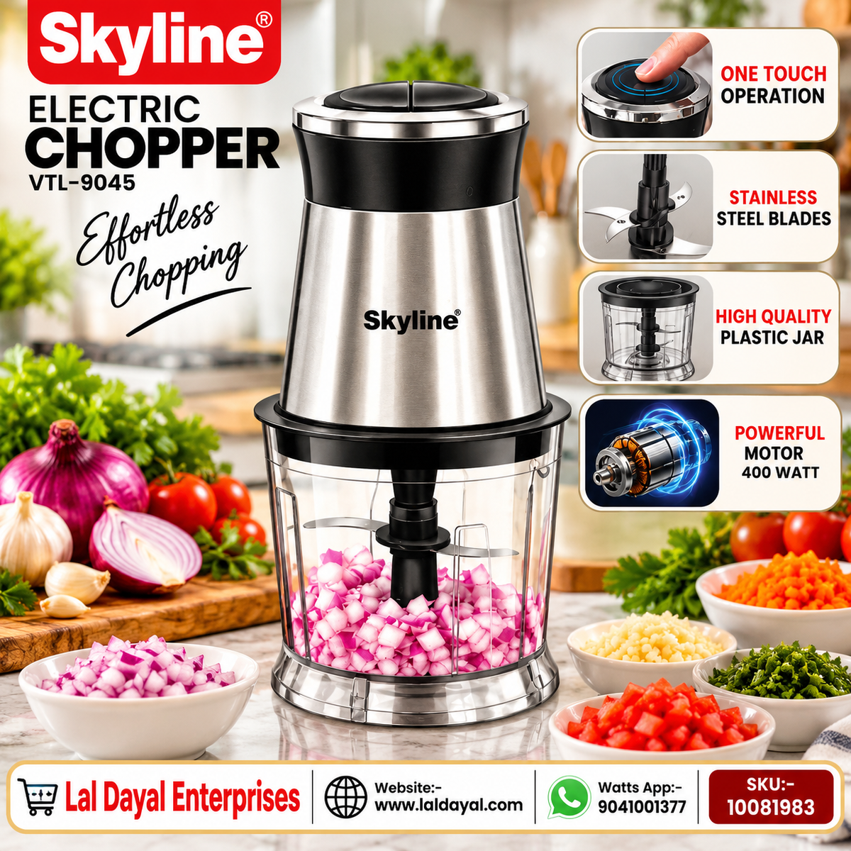 Skyline Electric Chopper VTL-9045 – 400W Powerful Motor with Stainless Steel Blades