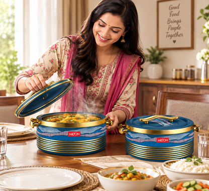 Milton Insignia Insulated Casserole Set of 2, 1500 ml Each, Royal Blue & Gold