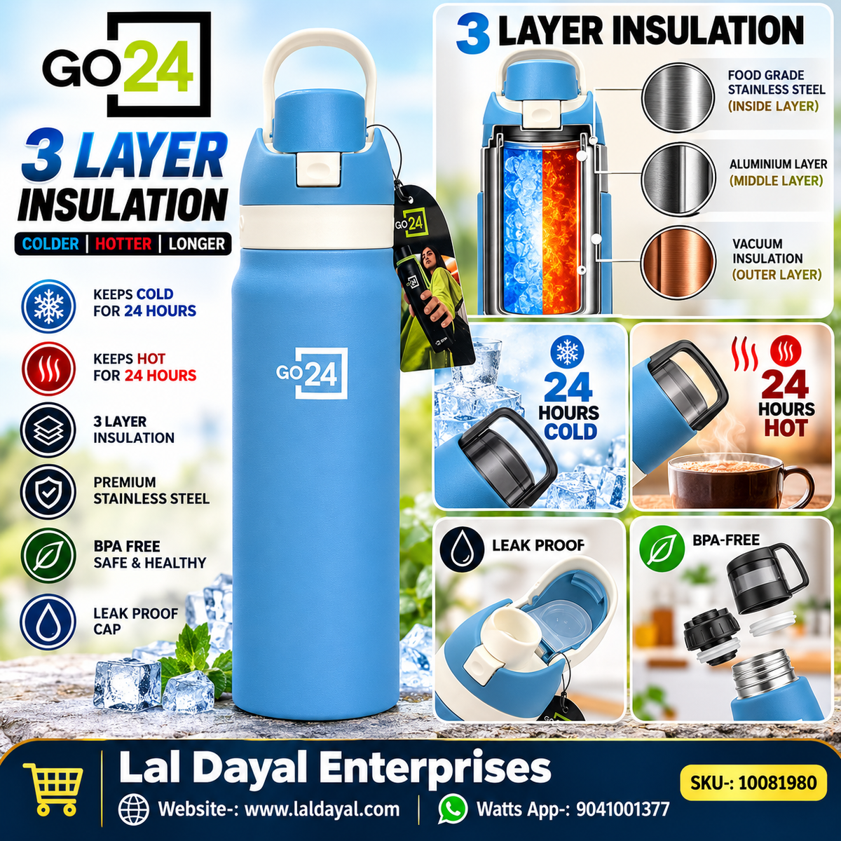Pexpo GO24 Aviator 800 Insulated Stainless Steel Water Bottle