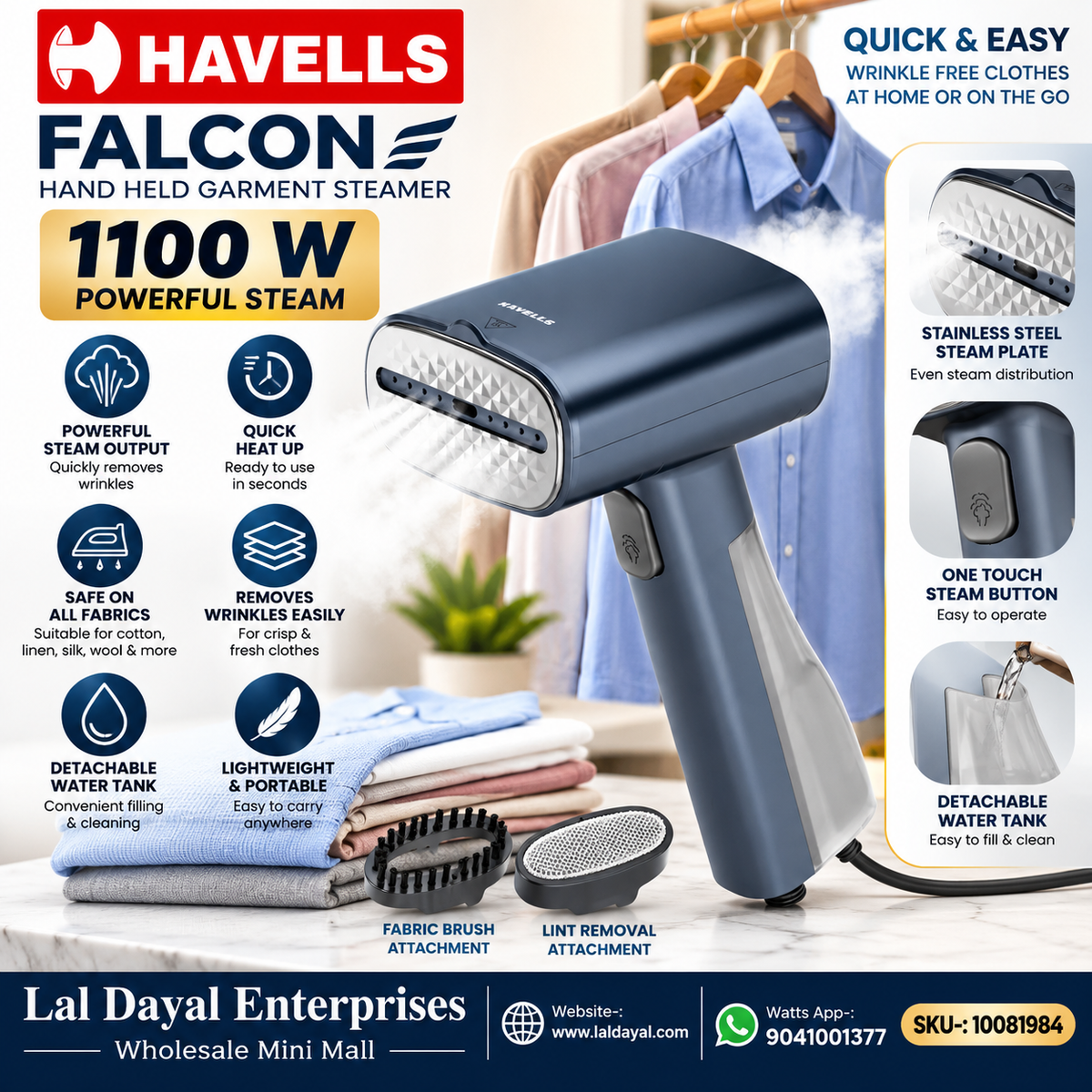 Havells Falcon 1100W Hand Held Garment Steamer | 30 Sec Heat Up | 100ML Tank | Portable Clothes Steamer