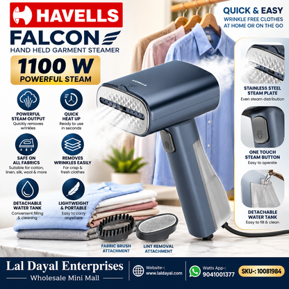 Havells Falcon 1100W Hand Held Garment Steamer | 30 Sec Heat Up | 100ML Tank | Portable Clothes Steamer