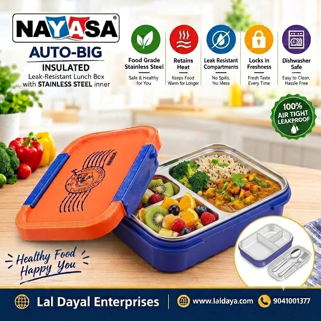 Nayasa Auto-Big Insulated Steel Lunch Box with Spoon & Fork
