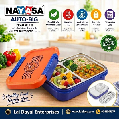 Nayasa Auto-Big Insulated Steel Lunch Box with Spoon & Fork