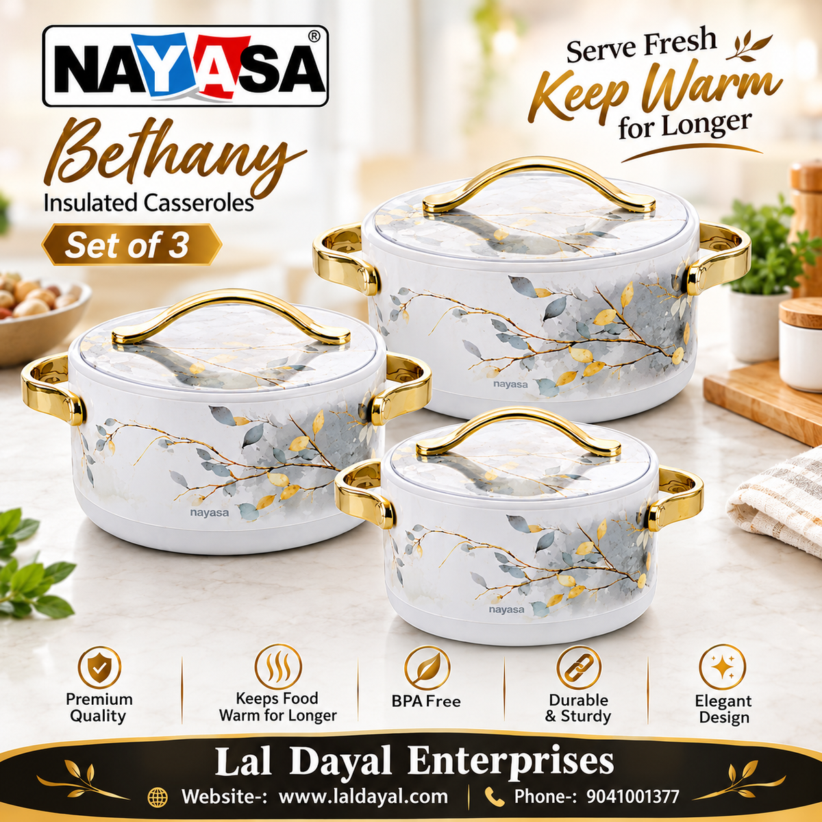 Nayasa Bethany Premium Insulated Casserole Set of 3 (1000ml, 1500ml, 2000ml)