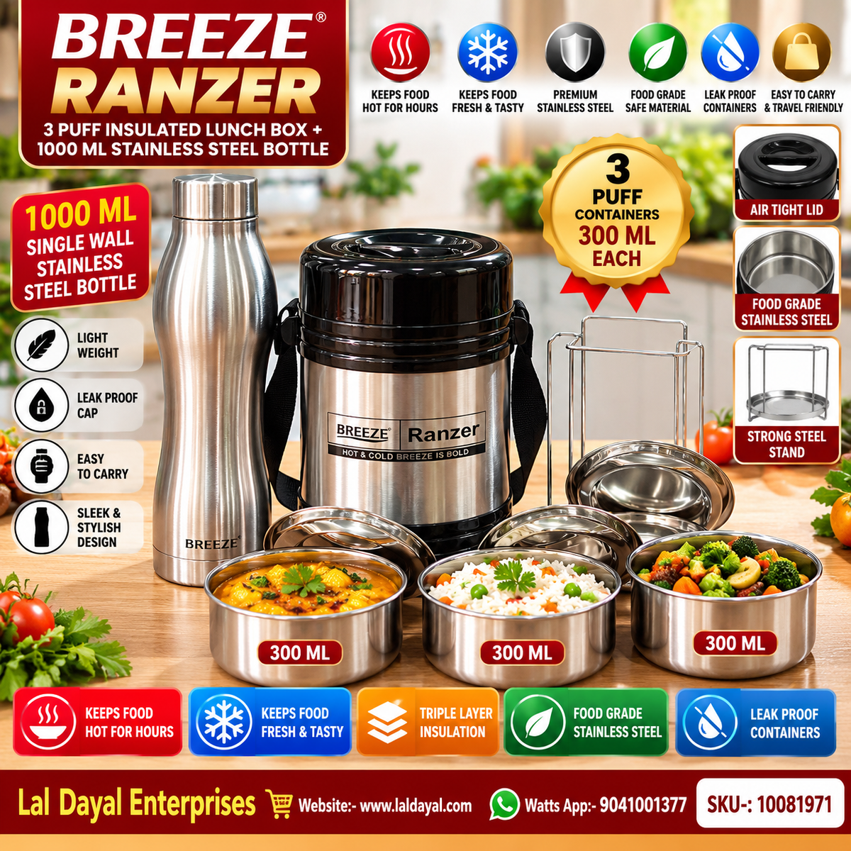 BREEZE Ranzer 3 Puff Insulated Lunch Box (3 × 300 ml) + 1 L Stainless Steel Bottle