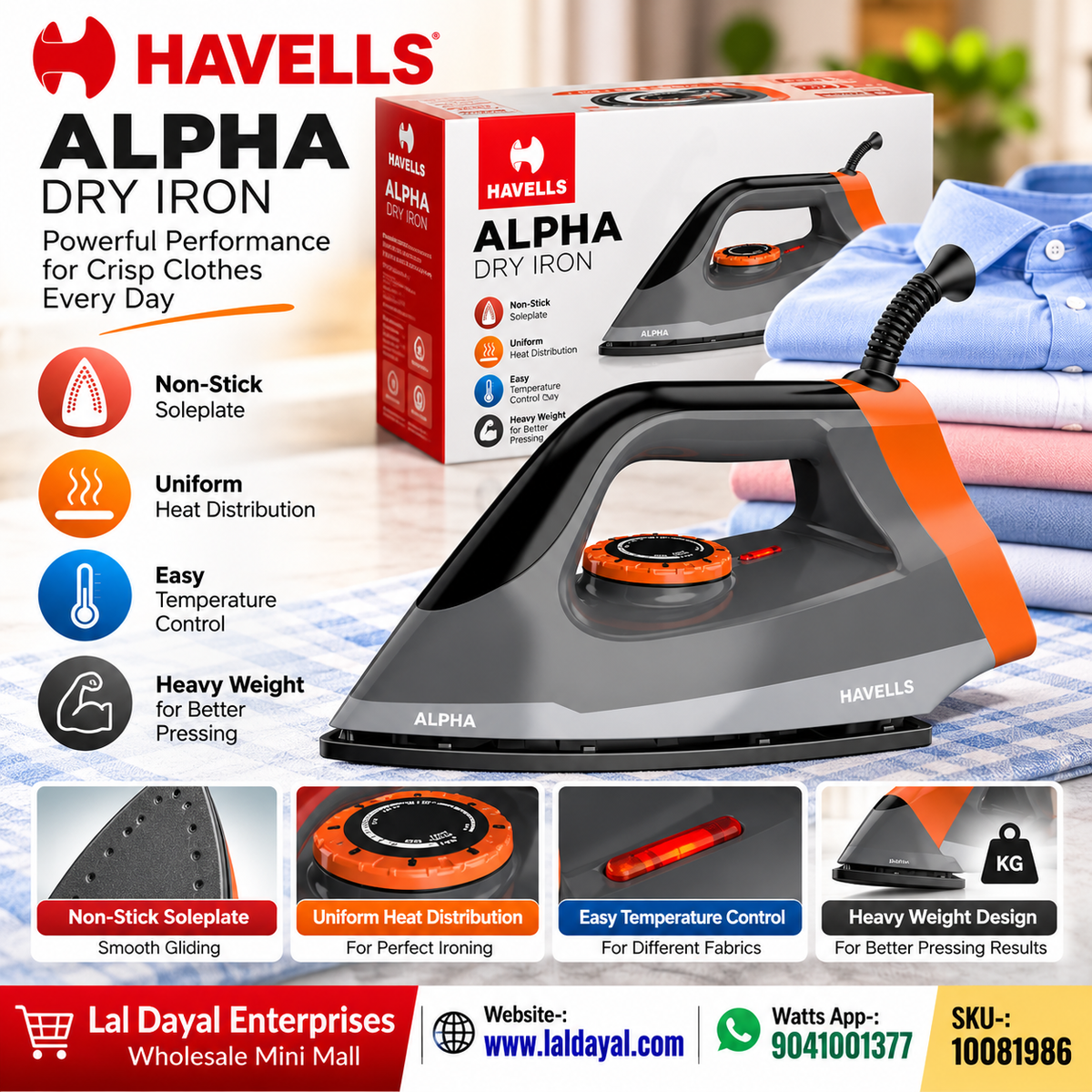 Havells Alpha Heavy Weight Dry Iron with Non-Stick Soleplate
