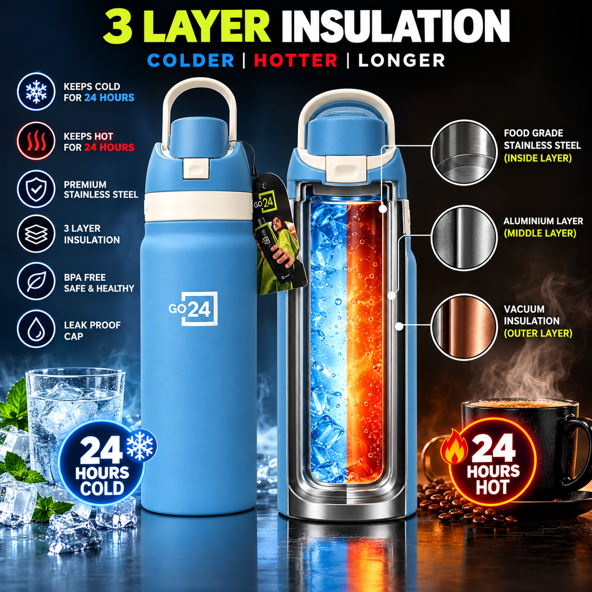 Pexpo GO24 Aviator 800 Insulated Stainless Steel Water Bottle