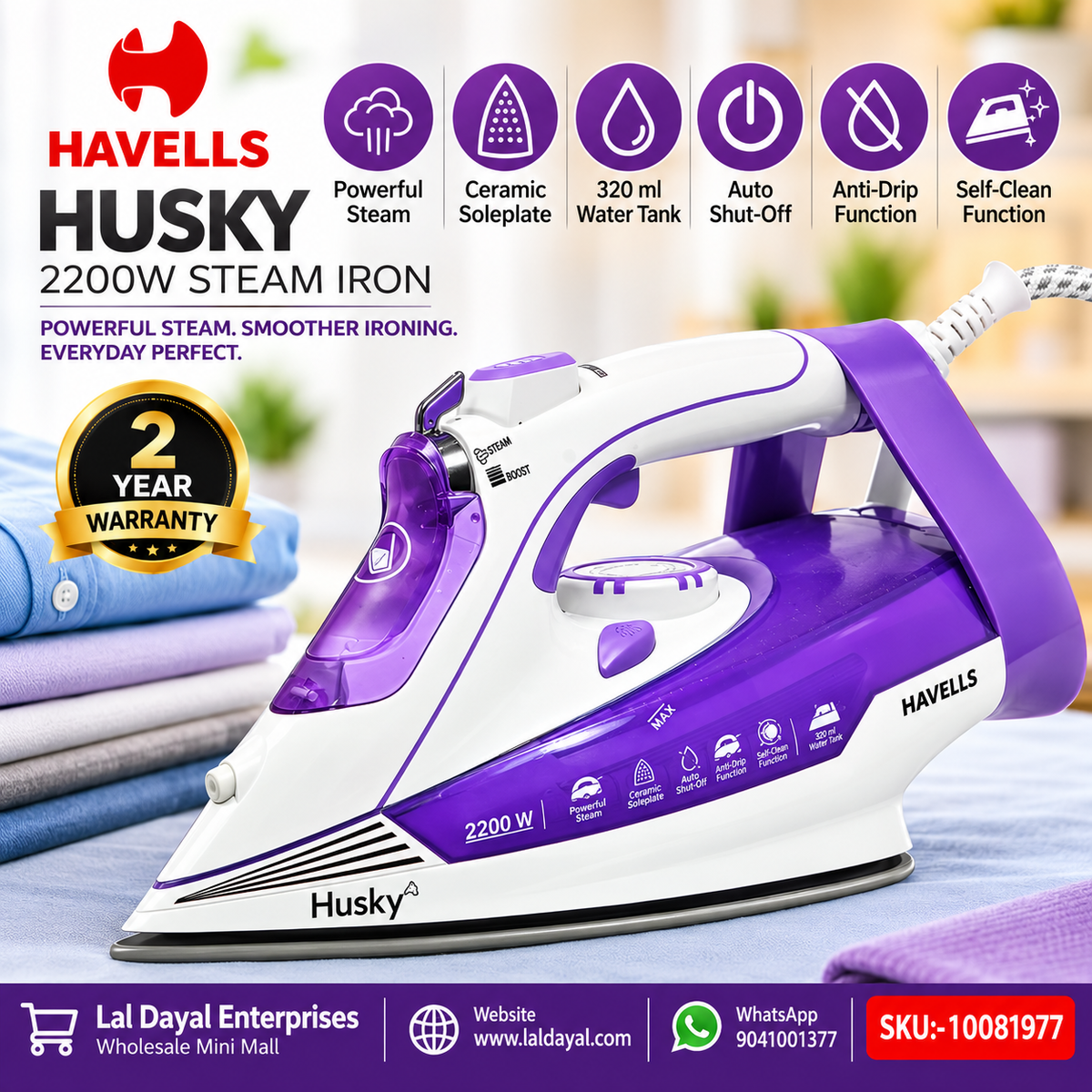 Havells Husky 2200W Steam Iron with Ceramic Soleplate, Auto Shut-Off & 320ml Water Tank