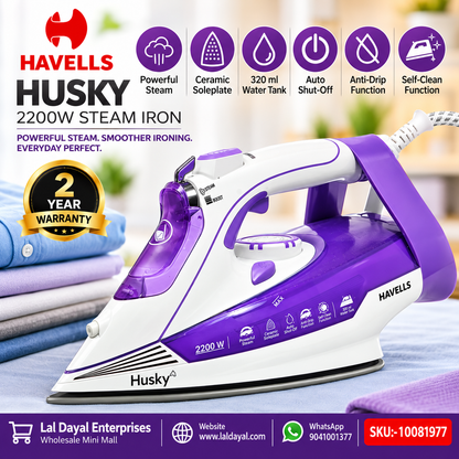 Havells Husky 2200W Steam Iron with Ceramic Soleplate, Auto Shut-Off & 320ml Water Tank