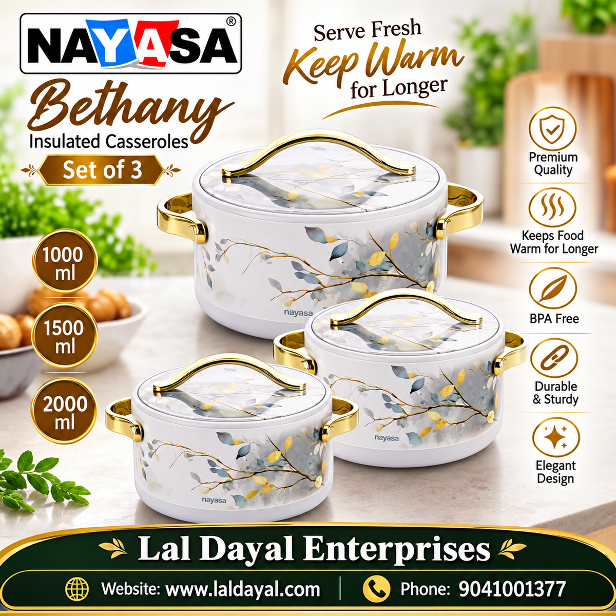 Nayasa Bethany Premium Insulated Casserole Set of 3 (1000ml, 1500ml, 2000ml)