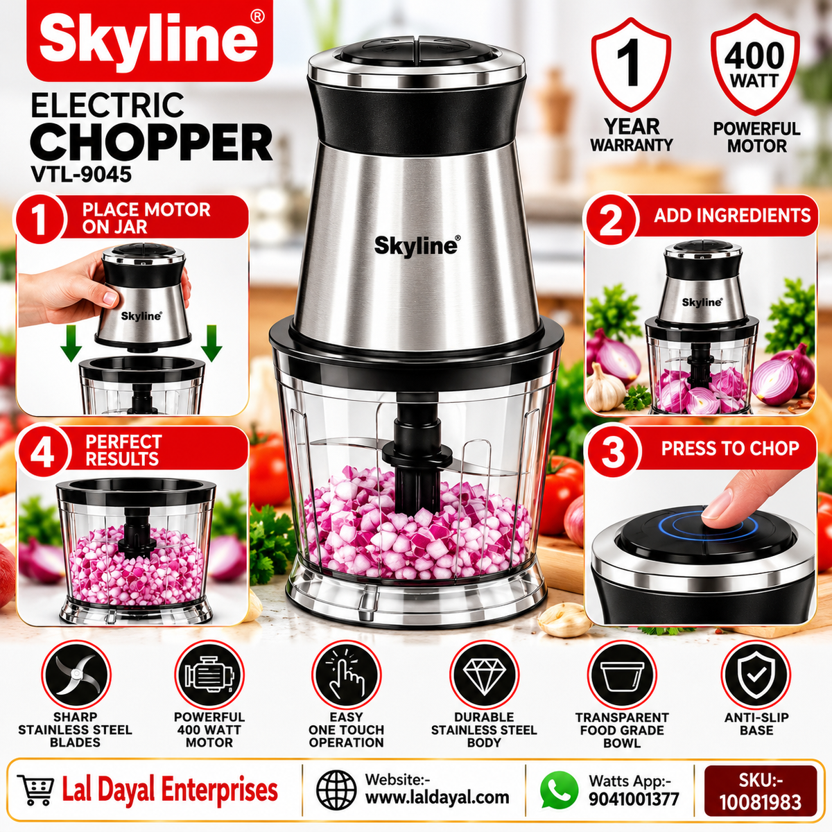Skyline Electric Chopper VTL-9045 – 400W Powerful Motor with Stainless Steel Blades