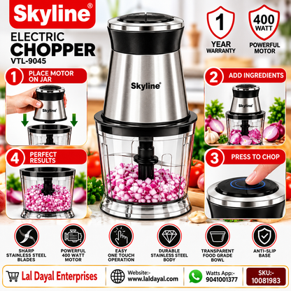 Skyline Electric Chopper VTL-9045 – 400W Powerful Motor with Stainless Steel Blades