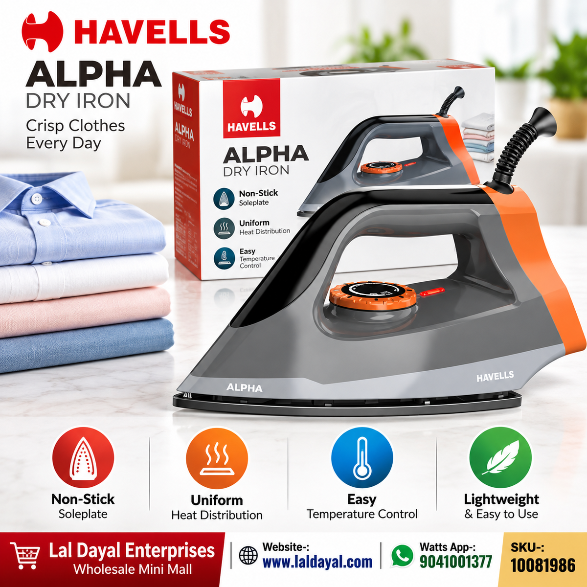 Havells Alpha Heavy Weight Dry Iron with Non-Stick Soleplate