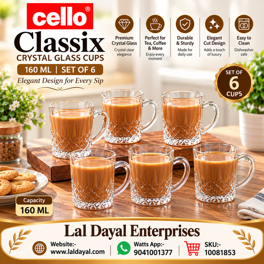 Cello Classix Textured Glass Chai Mugs, 160 ml | Set of 6
