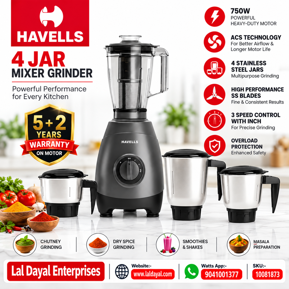 Havells 750W 4-Jar Mixer Grinder with ACS Technology & Juicer Jar (Grey)