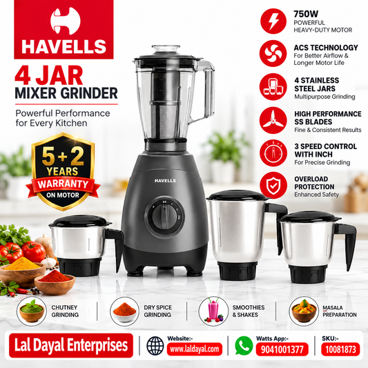 Havells 750W 4-Jar Mixer Grinder with ACS Technology & Juicer Jar (Grey)